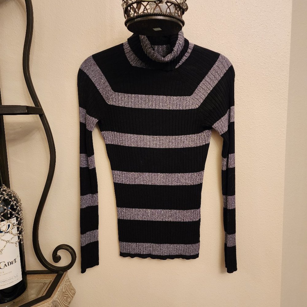INC International Concepts Women's RIbbed Long Sleeve Sweater Top - Black/Grey